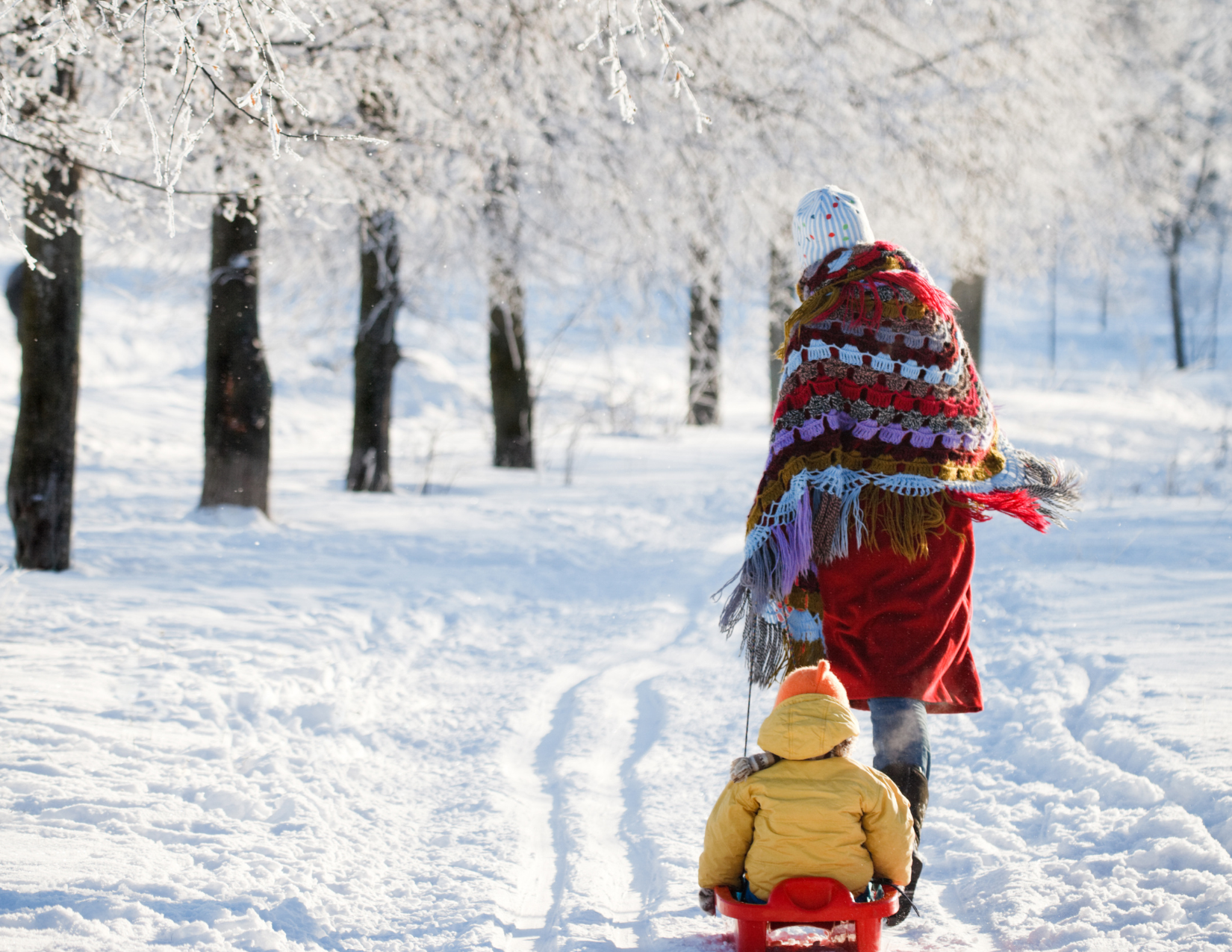Child in yellow coat on sled, pulled by adult in colorful shawl, walking in snowy forest path.