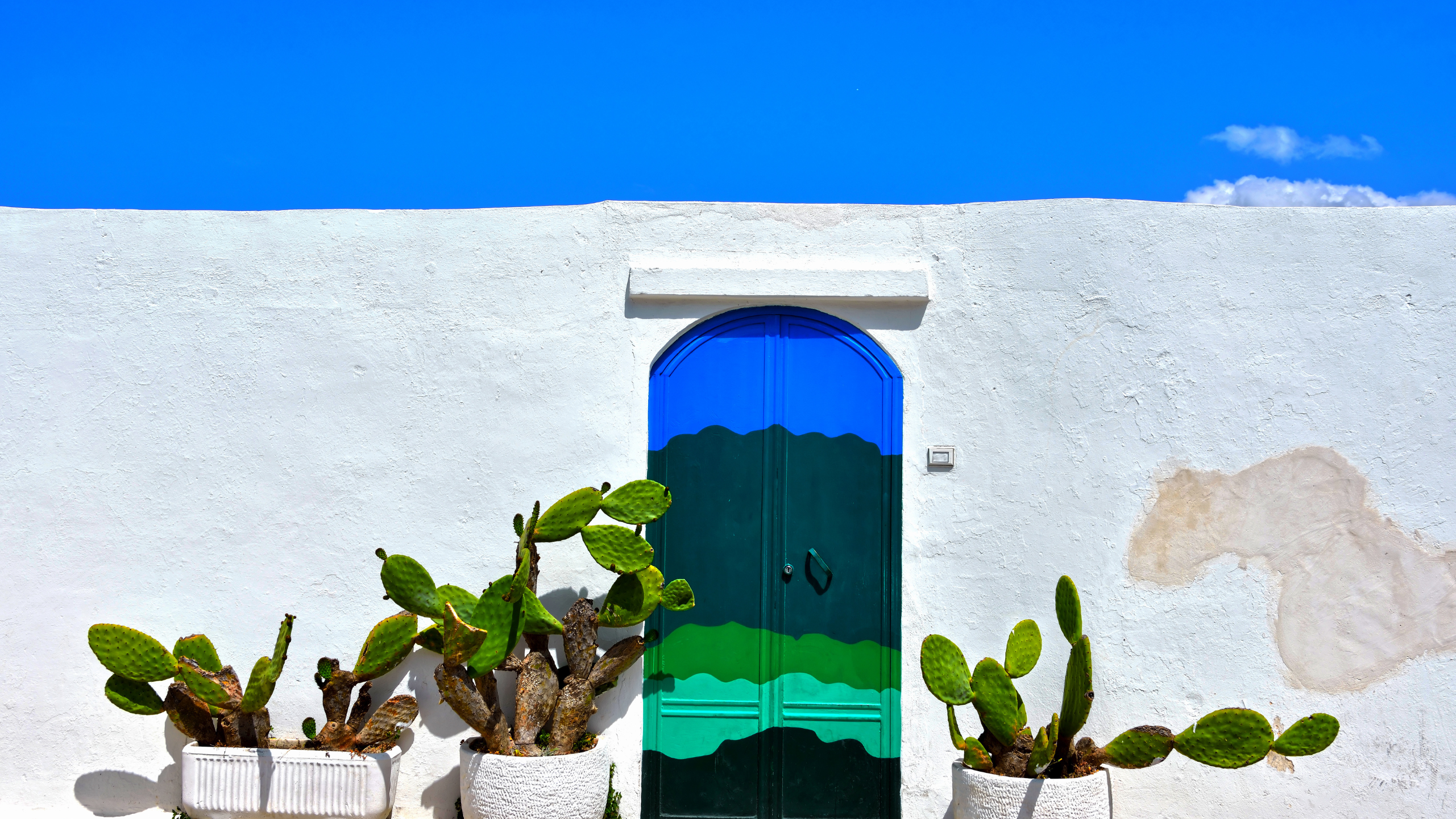 Colorful blue and green arched door on white wall with cacti in planters under a clear blue sky.